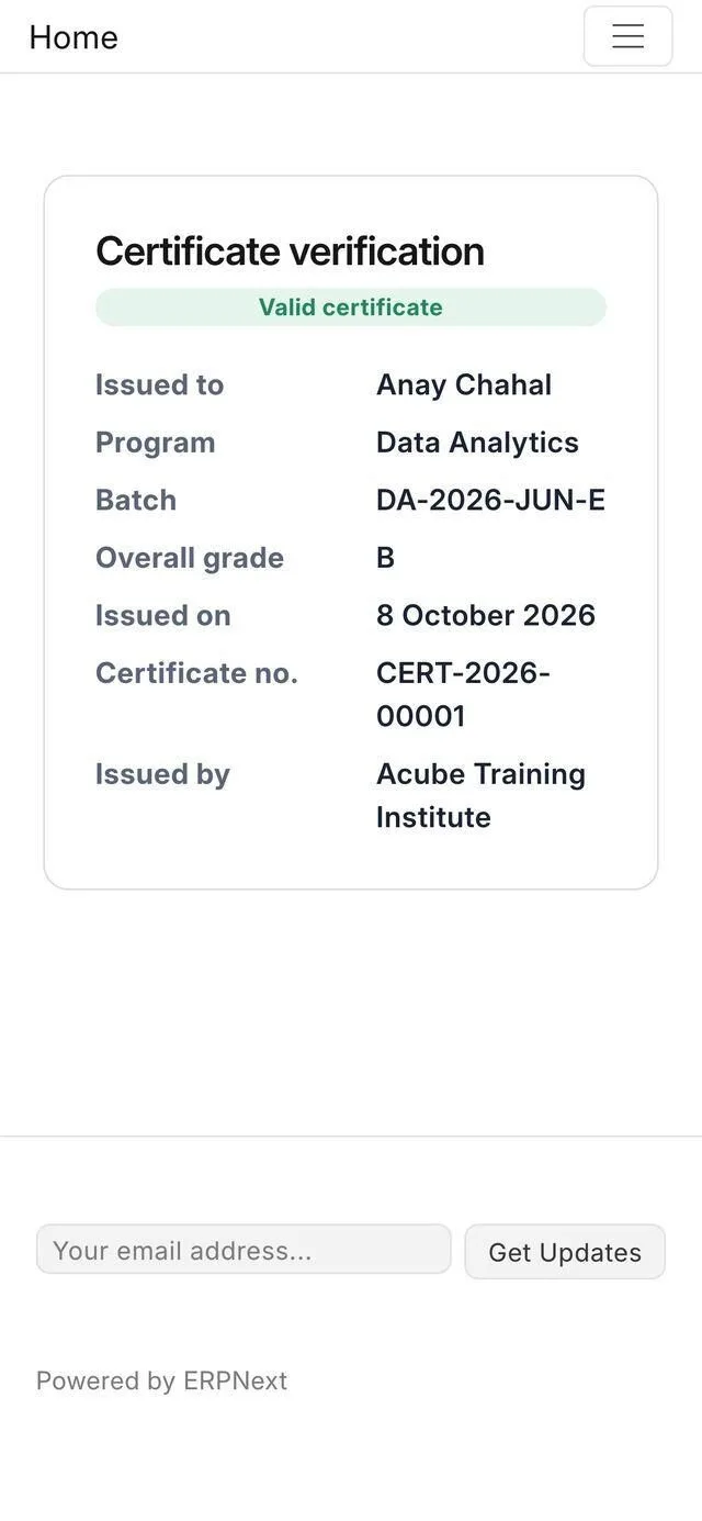 The certificate verification page on a phone, showing a valid certificate