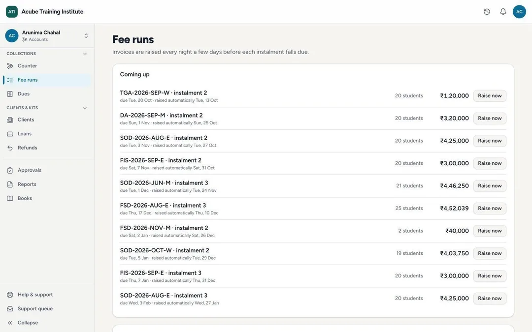 Fee runs: each batch's coming instalments with the number of students and a Raise now button