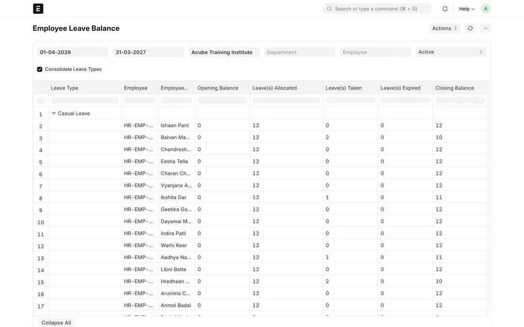 The employee leave balance report in ERPNext