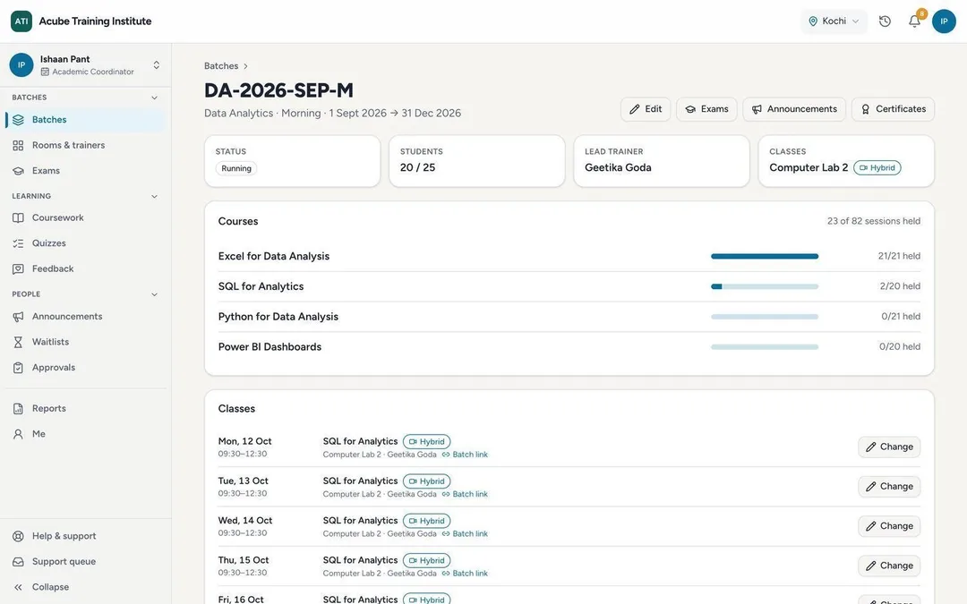 A batch page with hybrid classes and a meeting link per class
