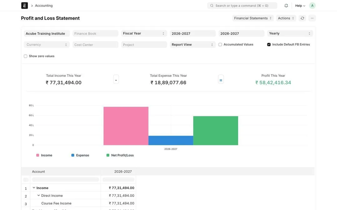 The profit and loss statement in ERPNext for the institute