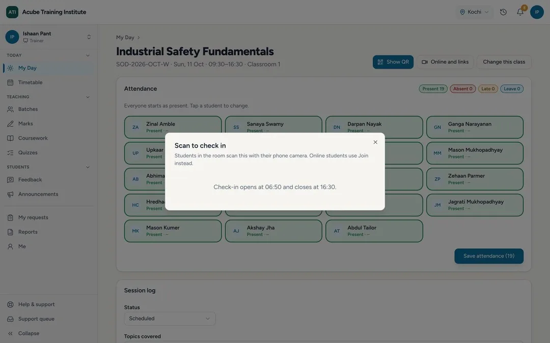 Class mode on the trainer's screen with the Scan to check in panel open