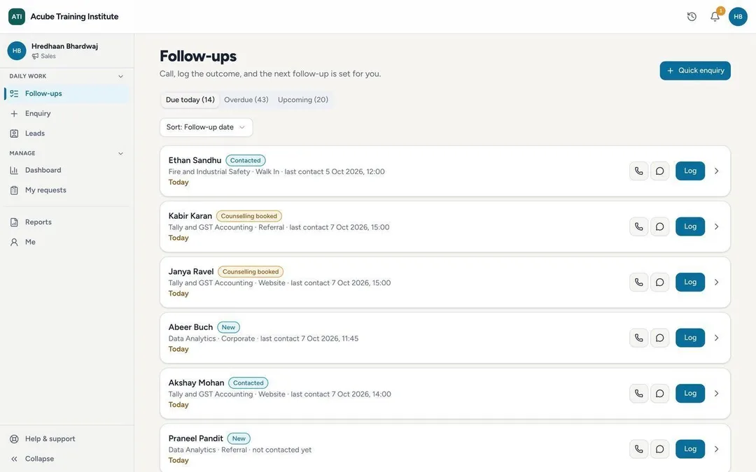 The Follow-ups list: enquiries due today with call, WhatsApp and log buttons