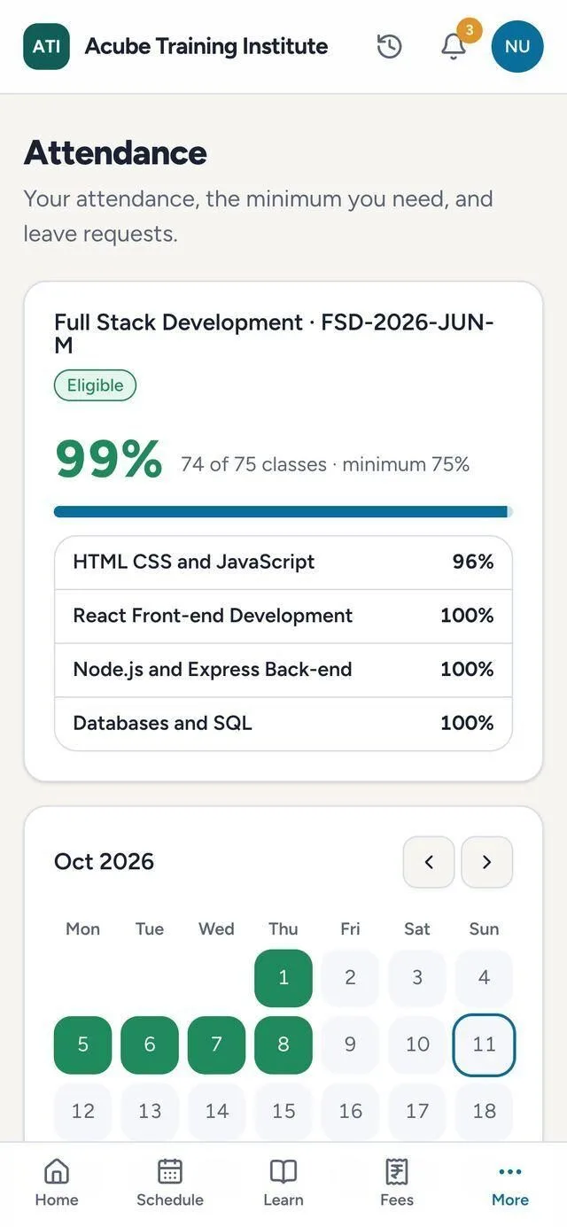 The student's attendance screen: overall percentage, per course, and a calendar