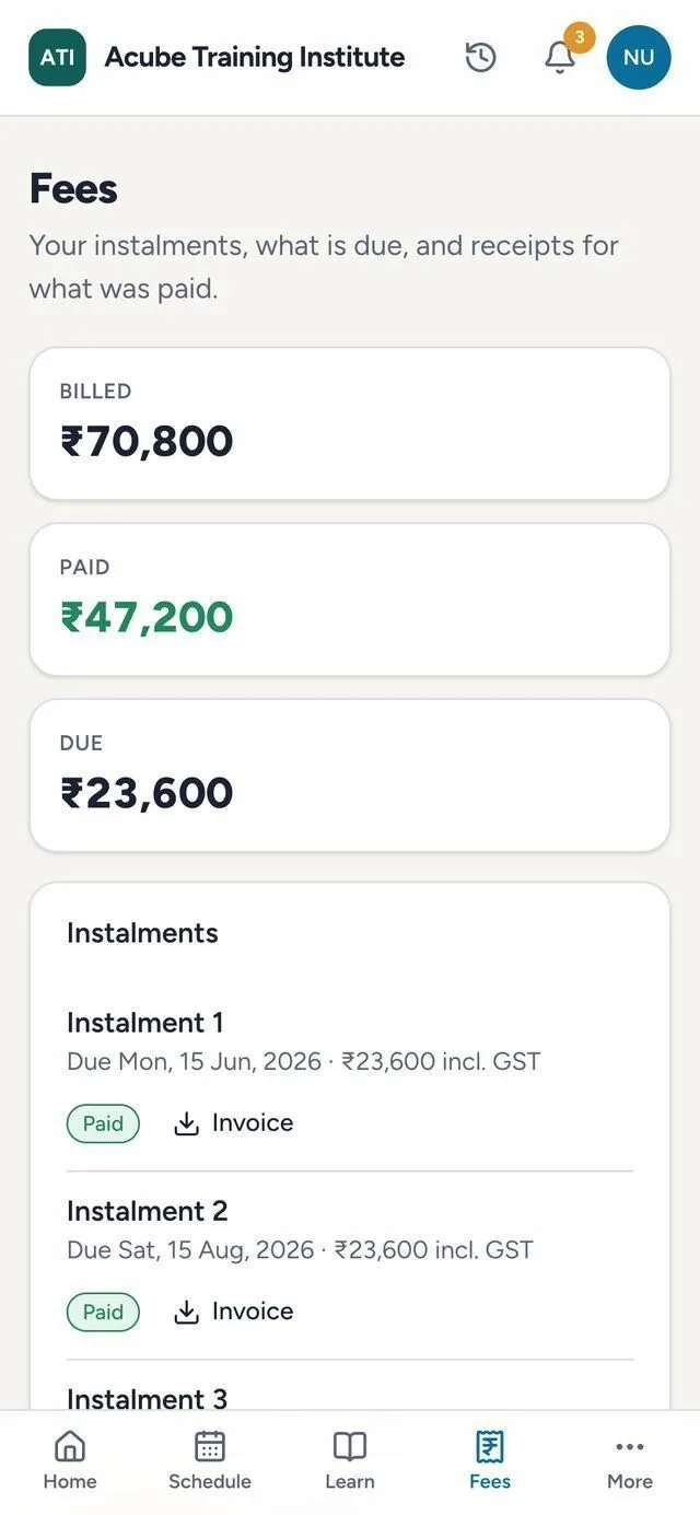 A student's fees: billed, paid, due and each instalment with its invoice