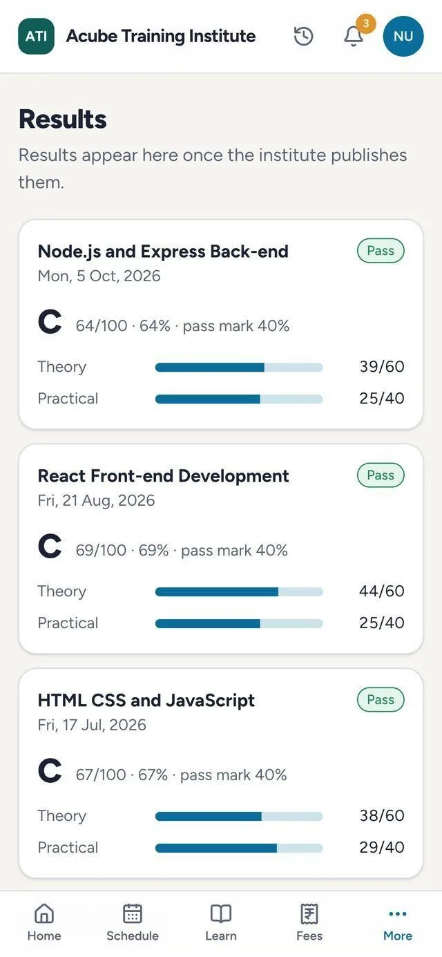A student's results: score, grade, pass mark, theory and practical per course