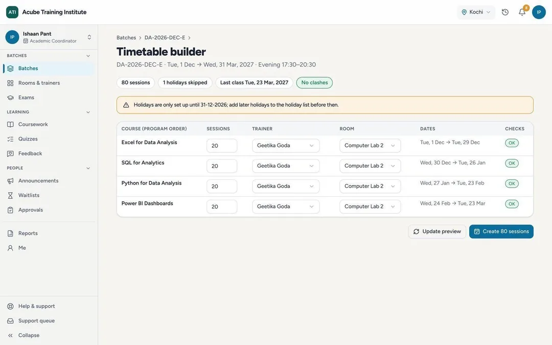 The timetable builder: courses in program order with trainer, room, dates, one holiday skipped and no clashes