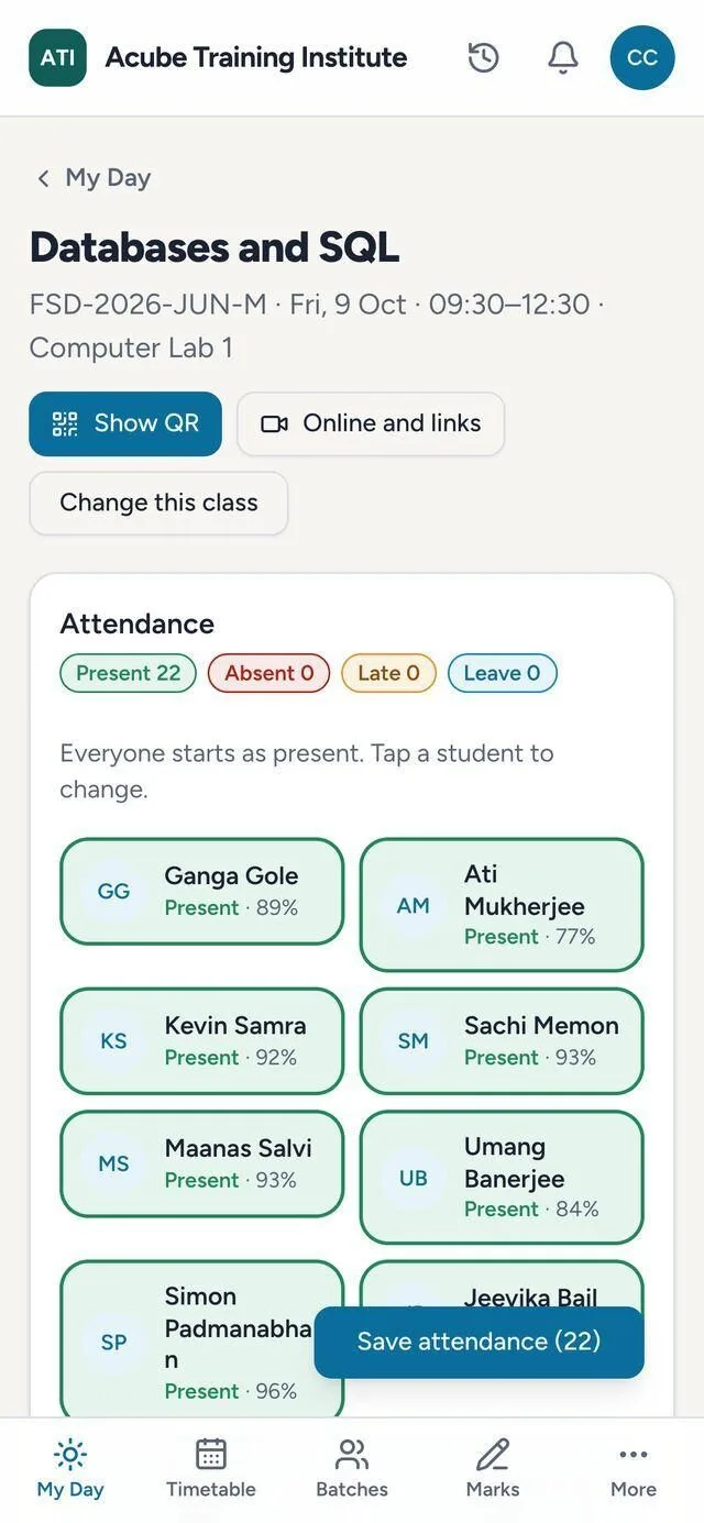 The trainer's attendance screen on a phone: every student present by default, absences marked by a tap