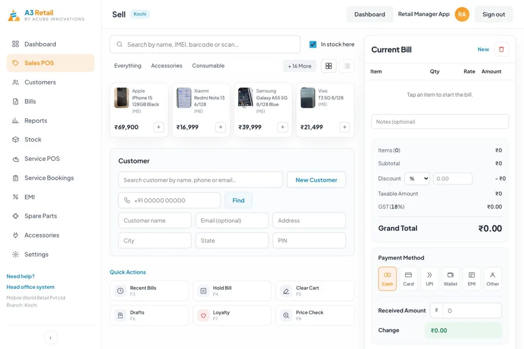 The Sell screen: searching by name or IMEI, phones with live prices, and the running bill with GST and payment methods