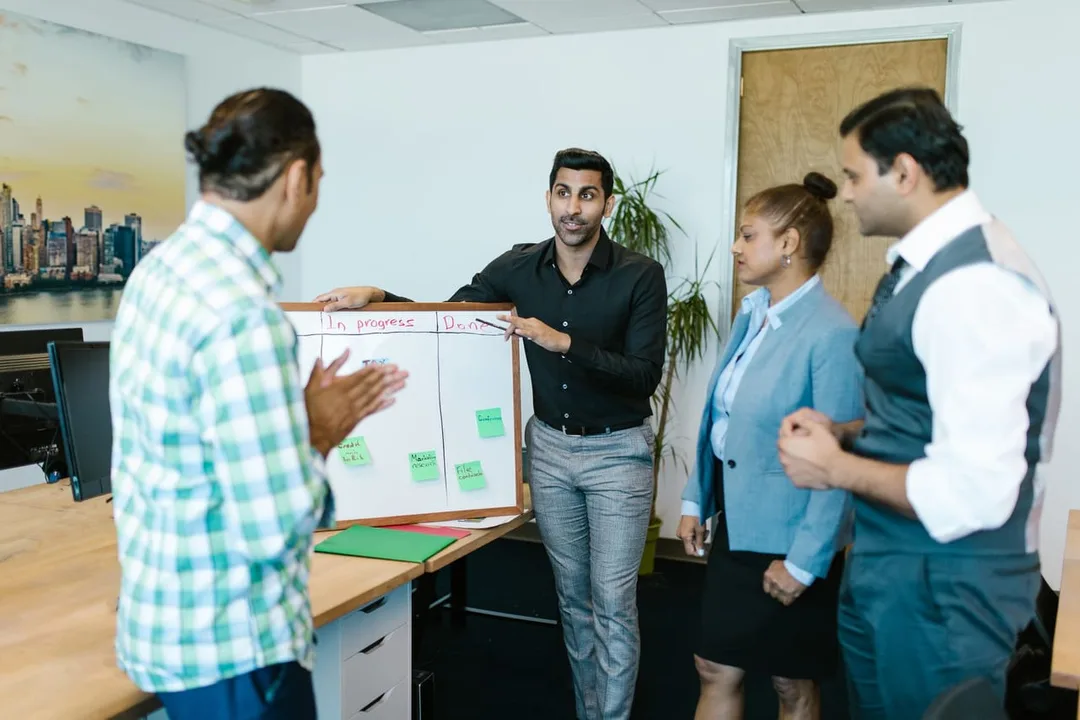 A team mapping a business process across ERPNext modules on a board