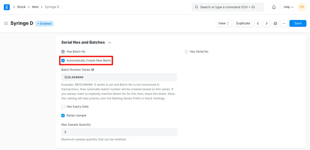 ERPNext Item master showing the Serial Nos and Batches section with batch number series and expiry-date options