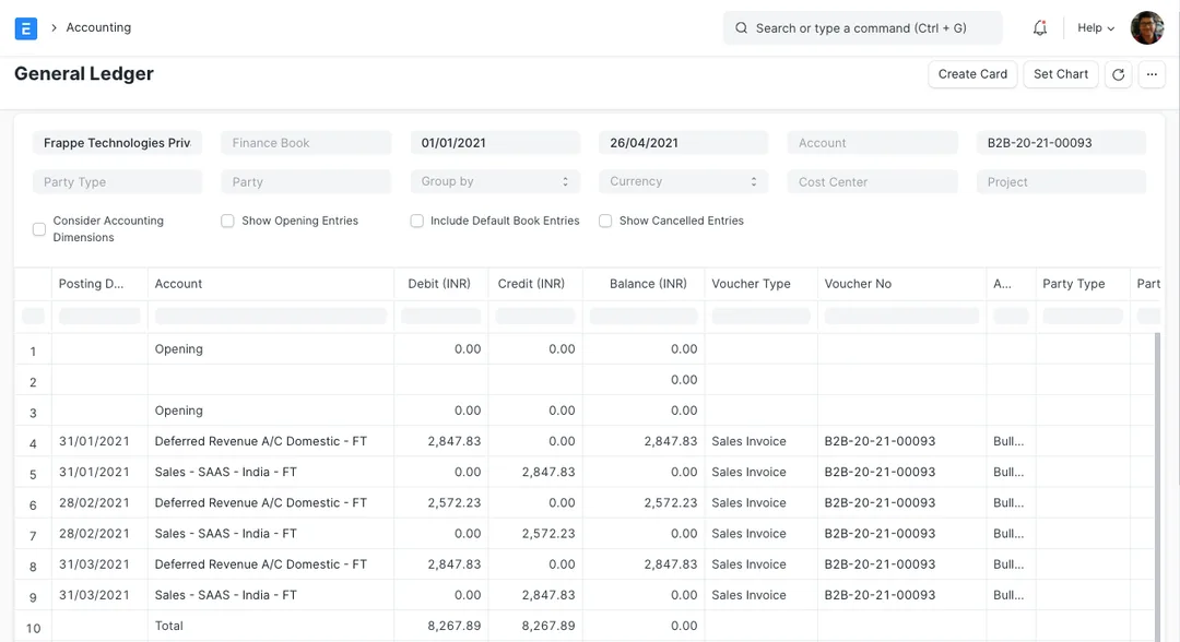 ERPNext General Ledger showing monthly deferred revenue recognition entries — the Deferred Revenue account debited and the income account credited on successive month-ends