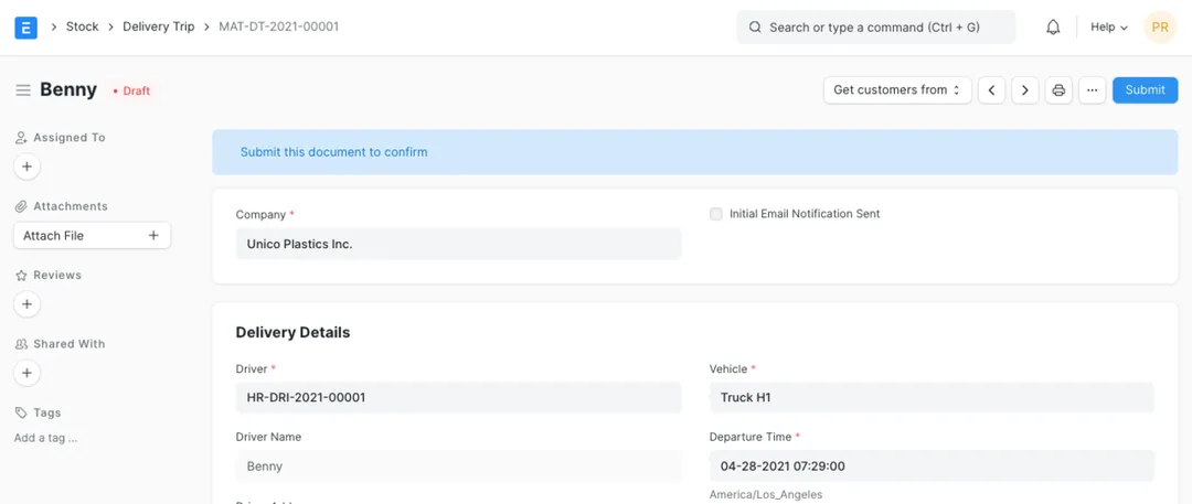 ERPNext Delivery Trip document showing the Driver, Vehicle and Departure Time fields