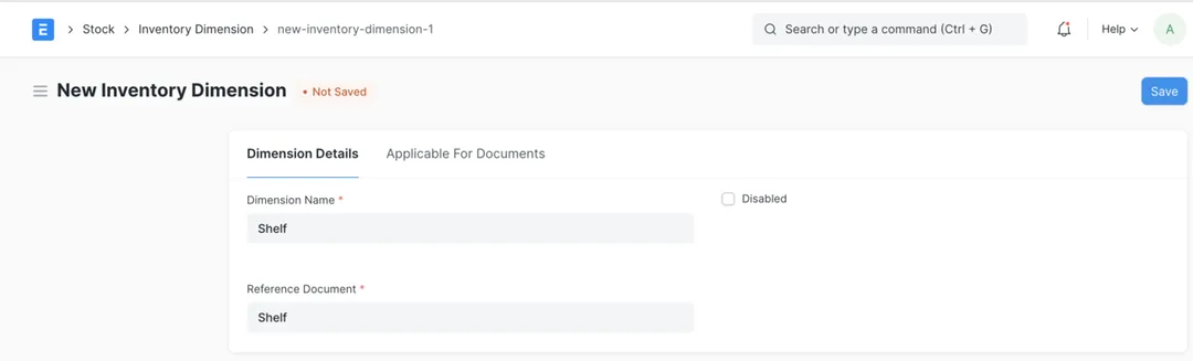Creating a new Inventory Dimension named 'Shelf' in ERPNext, with a reference document selected