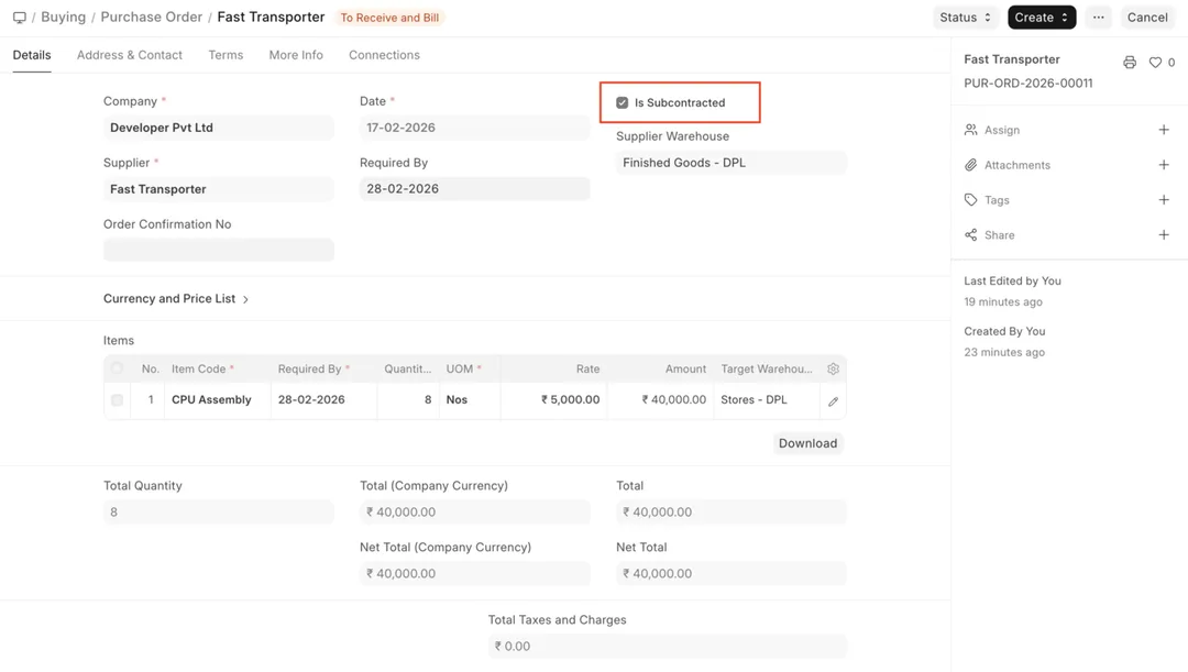 ERPNext Purchase Order with the 'Is Subcontracted' option enabled
