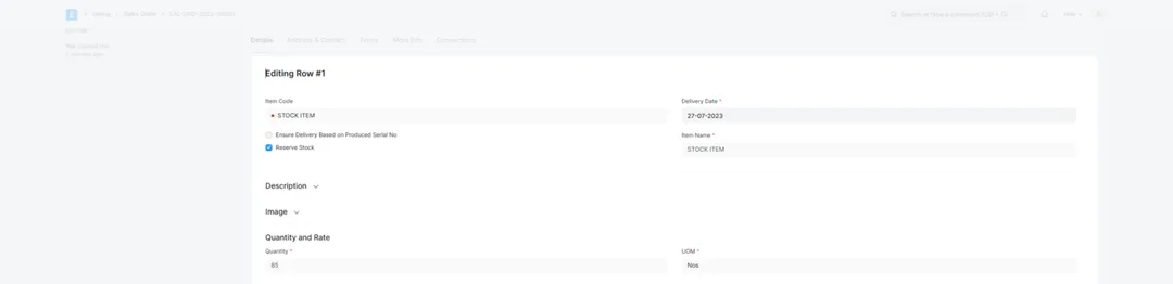 ERPNext Sales Order line item with the Reserve Stock checkbox ticked
