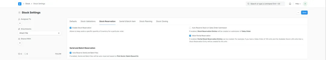 ERPNext Stock Settings showing the Stock Reservation tab with Enable Stock Reservation, auto-reserve and allow-partial-reservation options