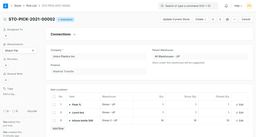 ERPNext Pick List showing the Item Locations table with item, source warehouse, quantity required and picked quantity