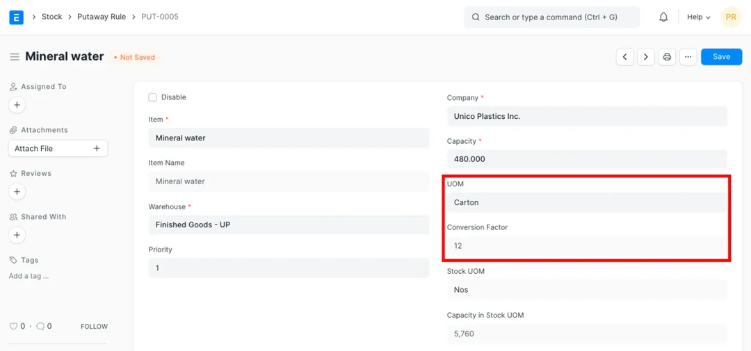ERPNext Putaway Rule form showing item, warehouse, capacity, priority, UOM and conversion factor